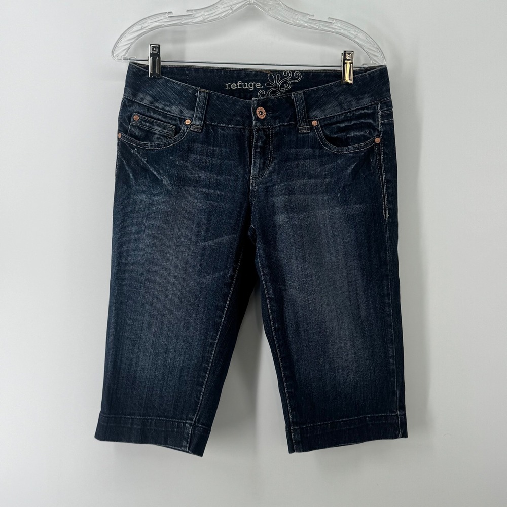 Refuge Womens Dark Wash Denim Bermuda Shorts Size 7 Mid Rise Y2K